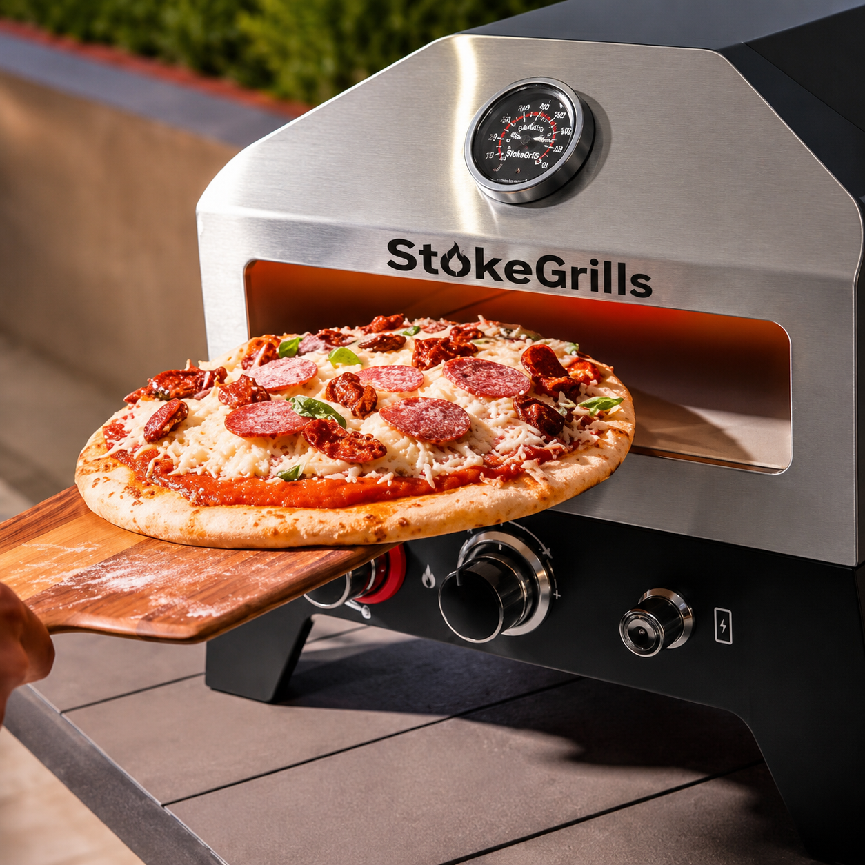 Portable propane pizza oven cooking a fresh pepperoni pizza
